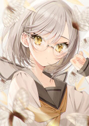 Rule 34 | 1girl, absurdres, animal, brown eyes, brown neckerchief, closed mouth, commentary request, glasses, grey hair, grey sailor collar, grey shirt, hair between eyes, hand up, highres, long sleeves, looking at viewer, minasenagi, motion blur, neckerchief, original, puffy long sleeves, puffy sleeves, round eyewear, sailor collar, school uniform, serafuku, shirt, sleeves past wrists, solo, upper body