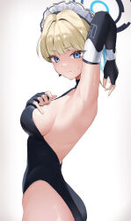 Rule 34 | 1girl, absurdres, arm up, armpits, backless leotard, black gloves, black leotard, blonde hair, blue archive, blue eyes, breasts, closed mouth, commentary, elbow gloves, fingerless gloves, frilled hairband, frills, from side, gloves, hair intakes, hairband, halo, hand on own chest, highres, leotard, looking at viewer, looking to the side, maid headdress, medium breasts, microphone, renge (730), short hair, sideboob, simple background, sleeveless turtleneck leotard, solo, sweat, toki (blue archive), upper body, white background, white hairband