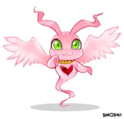 Rule 34 | digimon, green eyes, heart, highres, holy ring, looking at viewer, marinangemon, simple background, white background, wings