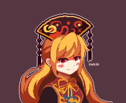 Rule 34 | 1girl, artist name, black dress, black hat, blonde hair, blush, bow, bowtie, breasts, brown background, chinese clothes, closed mouth, crescent, crescent print, dress, hair between eyes, hat, junko (touhou), kaaaarin, long hair, long sleeves, looking at viewer, lowres, mandarin collar, medium breasts, pixel art, pom pom (clothes), red eyes, red tabard, sidelocks, simple background, smile, solo, tabard, touhou, upper body, wide sleeves, yellow bow, yellow bowtie