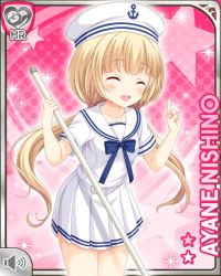 Rule 34 | 1girl, blonde hair, blue bow, bow, broom, card, character name, dress, closed eyes, girlfriend (kari), hat, long hair, military, military uniform, naval uniform, nishino ayane, official art, open mouth, pink background, qp:flapper, red eyes, smile, solo, twintails, uniform, white dress