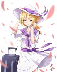 Rule 34 | 1girl, absurdres, blonde hair, closed mouth, commentary request, feng ling (fenglingwulukong), hand in own hair, hand on headwear, hat, highres, louise (touhou), low twintails, medium hair, neckerchief, one eye closed, petals, purple neckerchief, purple ribbon, purple sailor collar, purple sash, ribbon, sailor collar, sash, shirt, short sleeves, simple background, smile, suitcase, sun hat, touhou, touhou (pc-98), twintails, white background, white hat, white shirt, yellow eyes