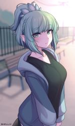 Rule 34 | 1girl, absurdres, aqua hair, bench, black shirt, blue jacket, blush, braid, breasts, closed mouth, collarbone, cowboy shot, day, freckles, green eyes, highres, hood, hood down, hooded jacket, jacket, large breasts, looking at viewer, original, outdoors, park bench, pointy ears, ponytail, shellvi, shirt, short hair, short ponytail, solo, tail