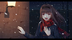 Rule 34 | 1girl, :d, black coat, black hairband, brown eyes, brown hair, coat, crying, crying with eyes open, day, floating hair, hairband, highres, ji dao ji, long hair, looking at viewer, night, open mouth, original, outdoors, red scarf, scarf, smile, snowing, solo, tears, winter clothes, winter coat