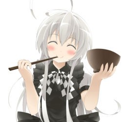 Rule 34 | bowl, chopsticks, chopsticks in mouth, dress, closed eyes, goribote, haiyore! nyaruko-san, long hair, nyarlathotep (nyaruko-san), solo