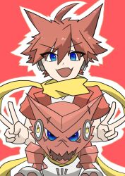 Rule 34 | blue eyes, digimon, digimon (creature), headphones, highres, looking at viewer, personification, scarf, shoutmon king ver.