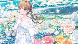 Rule 34 | 1girl, :o, absurdres, blue sky, brown eyes, brown hair, bug, butterfly, cloud, day, dress, field, flower, flower field, fuunyon, highres, insect, long hair, original, outdoors, ponytail, poppy (flower), rose, sky, solo, sunflower, white dress