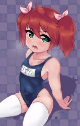 Rule 34 | absurdres, arm support, bare arms, blush, checkered background, collarbone, covered navel, feet out of frame, flat chest, green eyes, hair between eyes, highres, looking at viewer, name tag, open mouth, pldf, red hair, saru getchu, sayaka (saru getchu), school swimsuit, shadow, short twintails, sitting, sweat, swept bangs, swimsuit, thighhighs, thighs, twintails, v-shaped eyebrows, white legwear