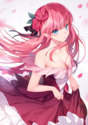 Rule 34 | 1girl, bare shoulders, bison cangshu, black ribbon, blue eyes, blurry, blurry background, breasts, cleavage, commentary request, depth of field, dress, flower, frilled dress, frills, go-toubun no hanayome, hair flower, hair ornament, hair ribbon, highres, long hair, looking at viewer, medium breasts, nakano nino, off-shoulder dress, off shoulder, parted lips, petals, red dress, red flower, red hair, red rose, ribbon, rose, skirt hold, solo, very long hair