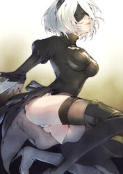 Rule 34 | 1girl, artist name, ass, black dress, black footwear, black hairband, black thighhighs, blindfold, boots, breasts, cleavage, clothing cutout, commentary request, dress, feather trim, gradient background, hairband, high heels, highres, kneeling, lips, medium breasts, nier:automata, nier (series), on one knee, panties, parted lips, puffy sleeves, shiny clothes, short dress, short hair, signature, simple background, smile, solo, tad-pole, thigh boots, thighhighs, thighs, turtleneck, underwear, white hair, white panties, 2b (nier:automata)
