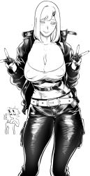 Rule 34 | 2girls, abs, alexis (zkstxxx), body markings, breasts, chibi, chibi inset, cosplay, cowboy shot, crotch plate, dark skin, dark-skinned female, elliot (zkstxxx), fingerless gloves, gloves, greyscale, hand on own hip, highres, horns, huge breasts, jacket, low neckline, messy hair, midriff, monochrome, multiple girls, muscular, muscular female, navel, open fly, pants, phantasy star, phantasy star online 2, popped collar, shirt, short hair, simple background, solo focus, standing, white background, zkstxxx