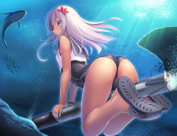 Rule 34 | 10s, 1girl, ass, blue eyes, bubble, fish, flower, hair flower, hair ornament, kantai collection, long hair, looking at viewer, luupechi, one-piece swimsuit, ro-500 (kancolle), school swimsuit, solo, swimsuit, torpedo, underwear, white hair
