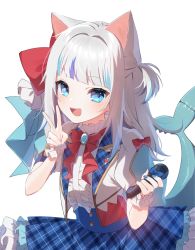 Rule 34 | 1girl, animal ears, blue eyes, blue hair, blush, cat ears, fins, fish tail, gawr gura, highres, hinakano h, hololive, hololive english, looking at viewer, microphone, multicolored hair, nail polish, shark tail, sharp teeth, side ponytail, silver hair, simple background, smile, solo, streaked hair, tail, teeth, v, virtual youtuber, white background