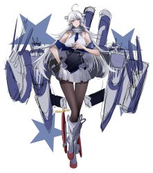 Rule 34 | 1girl, absurdres, ahoge, bare shoulders, between breasts, black pantyhose, blue necktie, boots, breasts, closed mouth, full body, grey eyes, grey hair, hair between eyes, headgear, highres, ichimonme (ichi), kantai collection, large breasts, long hair, looking at viewer, necktie, necktie between breasts, numbered, pantyhose, pleated skirt, rigging, rudder footwear, simple background, skirt, solo, standing, star (symbol), thighband pantyhose, very long hair, washington (kancolle), white background, white skirt