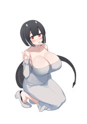 Rule 34 | 1girl, aningay, bare shoulders, black hair, blush, breasts, character request, cleavage, closed mouth, collarbone, commentary request, covered navel, dongtan dress, dress, full body, grey dress, grey footwear, grey hair, grey jacket, highres, horns, huge breasts, indie virtual youtuber, jacket, korean commentary, long sleeves, looking at viewer, meme attire, multicolored hair, off shoulder, open clothes, open jacket, red eyes, shoes, short hair, simple background, sleeveless, sleeveless dress, sleeves past wrists, solo, squatting, streaked hair, tail, virtual youtuber, white background
