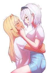 Rule 34 | 2girls, alternate costume, alternate hairstyle, blonde hair, blue shorts, blush, breasts, casual, cheek pinching, commentary, cowboy shot, dark-skinned female, dark elf, dark skin, denim, denim shorts, elf, closed eyes, face-to-face, from side, green eyes, hair down, highres, hololive, hug, long hair, looking at another, medium breasts, multicolored hair, multiple girls, open mouth, pinching, pointy ears, profile, sasaki (glass1138), shiranui flare, shirogane noel, shirt, short hair, short shorts, short sleeves, shorts, simple background, smile, streaked hair, t-shirt, tiara, translated, two-tone hair, virtual youtuber, white background, white hair, white shirt, yuri