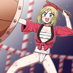 Rule 34 | 1girl, alternate costume, arm up, blonde hair, blue eyes, blurry, blurry background, blush, breasts, chest sarashi, collarbone, commentary request, creatures (company), drum, drumming, eyelashes, fundoshi, game freak, hairband, highres, holding, holding stick, instrument, irida (pokemon), jacket, japanese clothes, knees, legs apart, medium hair, music, nintendo, nutkingcall, open mouth, playing instrument, pokemon, pokemon legends: arceus, red hairband, red jacket, sarashi, solo, stick, sweat, teeth, upper teeth only