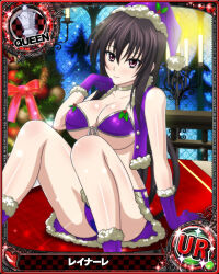Rule 34 | 1girl, black hair, breasts, card (medium), chess piece, christmas, cleavage, high school dxd, large breasts, long hair, official art, purple eyes, queen (chess), raynare, solo, underboob