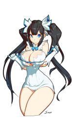 Rule 34 | 10s, 1girl, absurdres, black hair, blue eyes, breasts, cleavage, cleavage cutout, clothing cutout, colorized, cowboy shot, cropped legs, curvy, dress, dungeon ni deai wo motomeru no wa machigatteiru darou ka, gloves, hair ribbon, heart, heart-shaped pupils, hestia (danmachi), highres, large breasts, long hair, looking at viewer, panties, pantyshot, rei no himo, ribbon, skindentation, smile, solo, standing, sven (svenners), symbol-shaped pupils, thick thighs, thighs, transparent background, twintails, underwear, white dress, white gloves, wide hips