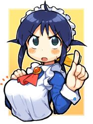Rule 34 | 1girl, andou mahoro, apron, bachera, blue dress, blue hair, blush stickers, breasts, commentary request, cropped torso, dress, fingerprint, frilled apron, frills, green eyes, hair ribbon, hand on own chest, hands up, index finger raised, juliet sleeves, long hair, long sleeves, mahoromatic, maid, maid apron, maid headdress, medium breasts, notice lines, open mouth, puffy sleeves, ribbon, solo, sweat, two-tone background, upper body, v-shaped eyebrows, white apron, white background, yellow background, yellow ribbon