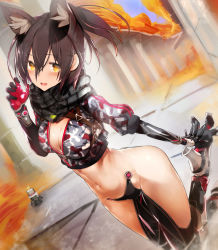 Rule 34 | 1girl, :d, animal ear fluff, animal ears, bare hips, black footwear, black gloves, blurry, blurry background, blush, breasts, brown eyes, brown hair, camouflage, camouflage jacket, cat ears, chaps, cleavage, commentary request, crotch plate, depth of field, dutch angle, elbow gloves, gloves, grey scarf, groin, hair between eyes, hand up, head tilt, high heels, highres, hololive, jacket, looking at viewer, mechanical arms, medium breasts, navel, nishiide kengorou, no pants, open mouth, plaid, plaid scarf, ponytail, puffy short sleeves, puffy sleeves, revealing clothes, roboco-san, roboco-san (1st costume), robot, scarf, shoe soles, short sleeves, sidelocks, smile, solo, virtual youtuber