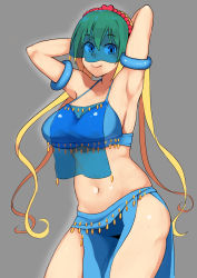 Rule 34 | 1girl, absurdres, armlet, armpits, arms up, belly dancing, blend s, blonde hair, blue eyes, breasts, cowboy shot, drawfag, hair between eyes, hairband, highres, hinata kaho, large breasts, long hair, looking at viewer, midriff, navel, smile, standing, twintails, veil