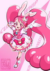 Rule 34 | animal ears, bow, cake hair ornament, choker, cure whip, earrings, food-themed hair ornament, food-themed ornament, gloves, hair ornament, inuyagi akira, jewelry, kirakira precure a la mode, long hair, magical girl, open mouth, paw shoes, pink bow, pink choker, pink eyes, pink footwear, pink hair, pom pom (clothes), pom pom earrings, pouch, precure, rabbit ears, smile, twintails day, usami ichika, v over eye, very long hair, white gloves