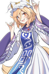 Rule 34 | 1girl, blonde hair, blue tabard, commentary request, cosplay, double fox shadow puppet, dress, e.o., fang, fox shadow puppet, fox tail, frilled dress, frills, hair between eyes, hat, highres, kudamaki tsukasa, long sleeves, mob cap, open mouth, short hair, smile, solo, tabard, tail, touhou, white background, white dress, white hat, wide sleeves, yakumo ran, yakumo ran (cosplay), yellow eyes