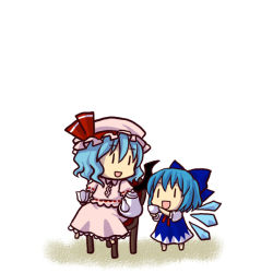 Rule 34 | &gt;:d, 2girls, :d, bat wings, blue hair, chair, chibi, cirno, cup, embodiment of scarlet devil, multiple girls, open mouth, remilia scarlet, simple background, sitting, smile, socha, teacup, teapot, touhou, v-shaped eyebrows, white background, wings, | |