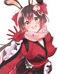 Rule 34 | 1girl, :d, android, animal ears, black gloves, blush, bow, breasts, brown hair, commentary, flower, frilled bow, frills, gloves, gradient hair, hair between eyes, hair bow, hair flower, hair ornament, hand up, head tilt, hololive, japanese clothes, jiino, kimono, large breasts, long hair, long sleeves, looking at viewer, mechanical arms, multicolored hair, obi, obijime, open mouth, pink scarf, print scarf, rabbit ears, red bow, red gloves, red hair, red kimono, roboco-san, roboco-san (new year), sash, scarf, simple background, smile, solo, standing, symbol-only commentary, teeth, two-tone gloves, two-tone hair, upper body, upper teeth only, very long hair, virtual youtuber, waving, white background, white flower, wide sleeves, yellow eyes