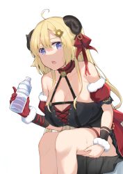 Rule 34 | 1girl, ahoge, bare shoulders, blonde hair, bottle, breasts, cleavage, collarbone, dress, fur trim, hair ornament, hair ribbon, hairclip, highres, hololive, horns, idol, kaname (melaninusa09), large breasts, long hair, open mouth, purple eyes, ribbon, sheep horns, simple background, sitting, solo, sweat, tsunomaki watame, tsunomaki watame (1st solo live), virtual youtuber, water bottle, white background