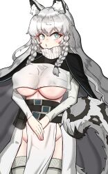 Rule 34 | 1girl, adapted costume, animal ear fluff, animal ears, arknights, belt, black cape, blue eyes, braid, breasts, cape, covered erect nipples, cowboy shot, crop top, grey hair, grey thighhighs, groin, highres, large breasts, leopard ears, leopard girl, leopard tail, long hair, looking at viewer, open mouth, own hands together, pramanix (arknights), simple background, skirt, solo, tail, thighhighs, turtleneck, twin braids, underboob, v arms, very long hair, white background, white skirt, wwo2002