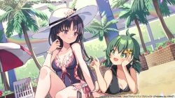 Rule 34 | 2girls, :d, antenna hair, arm at side, assault lily, bare arms, bare shoulders, black hair, black one-piece swimsuit, blush, bracelet, breasts, casual one-piece swimsuit, chair, cleavage, closed mouth, collarbone, commentary request, cross-laced clothes, cross-laced one-piece swimsuit, day, dutch angle, fang, flower, frilled one-piece swimsuit, frills, green eyes, green hair, hair flower, hair ornament, hairclip, halterneck, hand on own cheek, hand on own face, hand up, hat, hat flower, head rest, highres, holding another&#039;s hair, jewelry, knee up, long hair, looking at another, looking down, looking to the side, looking up, lounge chair, low twintails, lying, medium breasts, multiple girls, official alternate costume, official alternate hairstyle, official art, on ground, on stomach, one-piece swimsuit, open mouth, outdoors, palm tree, parasol, pink flower, purple eyes, red flower, ring, sand, shirai yuyu, short hair, short twintails, sitting, smile, sun hat, swimsuit, thigh strap, tree, twintails, umbrella, watermark, white flower, white headwear, yellow flower, yoshimura thi mai, zoirun