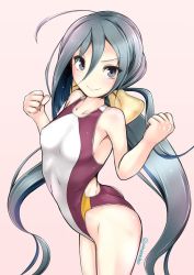 Rule 34 | &gt;:), 10s, 1girl, ahoge, ass, back cutout, bare shoulders, bow, breasts, clenched hands, closed mouth, clothing cutout, collarbone, competition swimsuit, covered erect nipples, female focus, from above, grey eyes, grey hair, hair between eyes, hair bow, hassen (8cm), highleg, highleg swimsuit, jpeg artifacts, kantai collection, kiyoshimo (kancolle), legs together, long hair, looking at viewer, multicolored clothes, multicolored swimsuit, one-piece swimsuit, pink background, shiny skin, simple background, small breasts, smile, solo, standing, swimsuit, twintails, twitter username, v-shaped eyebrows, very long hair