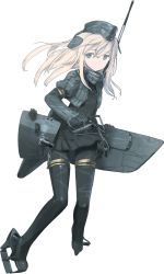 Rule 34 | 1girl, adapted turret, blonde hair, clothes writing, full body, garrison cap, hair ornament, hat, kantai collection, long hair, looking at viewer, machinery, military, military uniform, official art, pale skin, puffy sleeves, shimada fumikane, solo, thighhighs, transparent background, u-511 (kancolle), uniform
