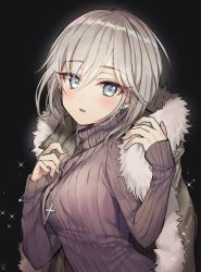 Rule 34 | 10s, 1girl, anastasia (idolmaster), bad id, bad twitter id, black background, blue eyes, blush, bracelet, breasts, coat, cross, cross necklace, earrings, eyelashes, fur collar, fur trim, gambe, grey hair, hair between eyes, hood, hooded jacket, hoodie, idolmaster, idolmaster cinderella girls, jacket, jewelry, long sleeves, looking at viewer, medium breasts, necklace, open clothes, open coat, open mouth, pendant, ribbed sweater, short hair, simple background, sleeves past wrists, smile, solo, sparkle, sweater, tsurime, turtleneck, turtleneck sweater, upper body, winter clothes, winter coat