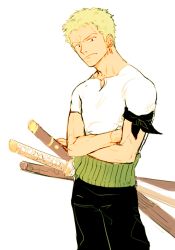 Rule 34 | 1boy, crossed arms, green hair, haramaki, male focus, one piece, roronoa zoro, shirt, solo, standing, t-shirt, yamsong