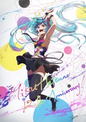 Rule 34 | 1girl, :d, absurdres, armpits, arms up, black necktie, black scrunchie, black skirt, black thighhighs, blue hair, character name, collared shirt, dress shirt, floating hair, full body, hair ornament, hatsune miku, headset, high heels, highres, legs up, long hair, making-of available, microphone, midriff, miniskirt, navel, necktie, open mouth, pink eyes, pumps, scrunchie, shirt, signature, skirt, sleeveless, sleeveless shirt, smile, solo, stomach, tell your world (vocaloid), thighhighs, very long hair, vocaloid, w-moz9-w, wing collar, wrist scrunchie, zettai ryouiki