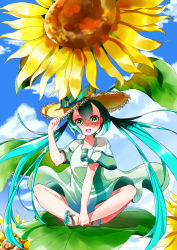Rule 34 | 1girl, :d, absurdres, aqua bow, aqua nails, azusa (azunyan12), blue sky, bow, cloud, collarbone, crossed ankles, day, dress, flower, green eyes, green footwear, hand on headwear, hat, hat bow, hatsune miku, highres, holding, holding clothes, holding hat, indian style, long hair, looking at viewer, mini person, minigirl, nail polish, open mouth, oversized flower, sandals, see-through, see-through sleeves, short sleeves, sitting, sky, smile, solo, straw hat, striped, summer, sun hat, sundress, sunflower, toes, twintails, very long hair, vocaloid