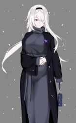 Rule 34 | 1girl, absurdres, alternate costume, azur lane, bag, black jacket, cellphone, closed mouth, colorado (azur lane), commentary request, cowboy shot, grey background, grey sweater, hair intakes, hair over one eye, hairband, handbag, highres, holding, holding phone, jacket, lapel pin, light smile, long hair, looking to the side, phone, red eyes, sash, shiraishiakina, simple background, smartphone, snowing, solo, standing, sweater, turtleneck, white hair, winter gloves