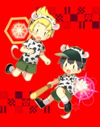 Rule 34 | 0mzum1, 2boys, :d, animal ears, animal print, backpack, bag, baseball bat, baseball cap, black footwear, black hair, blonde hair, blue eyes, blush, brown bag, commentary request, cow boy, cow ears, cow horns, cow print, cow tail, fake animal ears, fake horns, fake tail, green headwear, green shorts, hair between eyes, hairband, hat, holding, holding baseball bat, horns, looking at viewer, lucas (mother 3), male focus, mother (game), mother 2, mother 3, multiple boys, ness (mother 2), nintendo, open mouth, outstretched arm, print shirt, purple eyes, quiff, red background, shirt, shoes, short hair, short sleeves, shorts, simple background, smile, socks, t-shirt, tail, tilted headwear, white hairband, white shirt, white socks