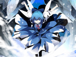 Rule 34 | 1girl, blue hair, cirno, dress, female focus, gradient background, lowres, perfect cherry blossom, snow, solo, touhou, uki (room 405)