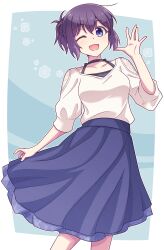 Rule 34 | 1girl, ;d, blue eyes, blue skirt, breasts, collarbone, e20, hair between eyes, hand up, highres, looking at viewer, medium breasts, one eye closed, open mouth, original, purple hair, shirt, skirt, skirt hold, smile, solo, standing, white shirt