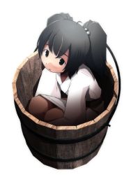 Rule 34 | 1girl, ahoge, bad id, bad pixiv id, black eyes, black hair, bucket, female focus, hair bobbles, hair ornament, in bucket, in container, kisume, sakura (medilore), simple background, solo, touhou, twintails, white background