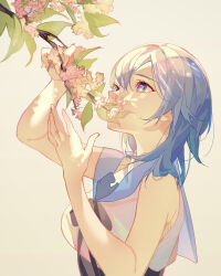 Rule 34 | 1girl, absurdres, alternate costume, arm up, black ribbon, blue hair, branch, breasts, collared shirt, eula (genshin impact), flower, from side, genshin impact, grey background, hair between eyes, hand up, highres, holding, holding branch, leaf, looking at object, medium breasts, medium hair, multicolored hair, oriori 0201, ribbon, shirt, simple background, sleeveless, sleeveless shirt, solo, upper body, white shirt