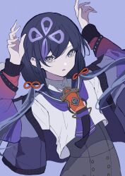 Rule 34 | 1girl, absurdres, black hair, blue sailor collar, buttons, commentary request, double-breasted, gouyoku (greeding043), gradient jacket, grey eyes, highres, jacket, long hair, low twintails, nijisanji, ponto nei, ponto nei (1st costume), purple background, purple jacket, sailor collar, simple background, solo, swept bangs, twintails, virtual youtuber