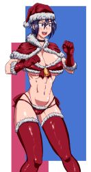 Rule 34 | 1girl, abs, bell, bikini, black eyes, black hair, blue background, blush, boots, breasts, choker, christmas, collarbone, fang, female focus, gloves, gutsbro14, happy, hat, hitomi-chan wa hitomishiri, large breasts, red background, santa bikini, santa boots, santa costume, santa gloves, santa hat, sharp teeth, short hair, simple background, smile, solo focus, swimsuit, takano hitomi, teeth, thighhighs, thighs, tomboy, two-tone background