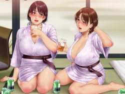 Rule 34 | 2girls, alcohol, arm up, barefoot, beer, beer can, blush, breasts, breath, brown eyes, brown hair, can, cleavage, cup, drink can, drinking, drinking glass, drunk, embarrassed, feet, female focus, game cg, half-closed eyes, indoors, japanese clothes, jewelry, kimono, large breasts, legs, long hair, looking at another, multiple girls, no name ninja, obi, open mouth, original, ring, sash, short hair, sitting, studio pork, sweat, tatami, thighs, wedding band, yukemuri hitozuma bojou tabi