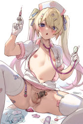 Rule 34 | 1boy, anal, anal object insertion, bar censor, blonde hair, censored, condom, condom in clothes, condom wrapper, crossdressing, dress, erection, garter straps, gloves, gradient hair, hair ornament, hairclip, hat, highres, holding, holding syringe, long hair, male focus, male penetrated, multicolored hair, navel, nurse, nurse cap, object insertion, original, partially unbuttoned, penis, pink hair, purple eyes, short dress, short sleeves, skull hair ornament, small penis, solo, stethoscope, syringe, testicles, thighhighs, trap, twintails, white dress, white gloves, white thighhighs, yami kawaii, yoruhachi