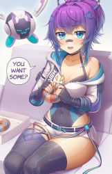 Rule 34 | 1girl, absurdres, ahoge, bad id, bad pixiv id, bandage on face, bandages, bandaid, bandaid on face, bandaid on nose, bare shoulders, belt, blue eyes, blue hair, blue nails, blush, breasts, choker, cleavage, collarbone, covered navel, cowboy shot, cropped jacket, doughnut, english text, fang, fingerless gloves, food, gloves, hair intakes, hair ornament, hairclip, halterneck, highleg, highleg leotard, highres, hungrydurp, indie virtual youtuber, jacket, jacket partially removed, leotard, looking at viewer, medium breasts, medium hair, melody (projektmelody), melody (projektmelody) (4th costume), multicolored hair, nail polish, open mouth, partially unzipped, purple hair, short ponytail, short shorts, shorts, sidelocks, sitting, smile, speech bubble, t0m (projektmelody), thighhighs, thighs, virtual youtuber, vshojo, wide hips